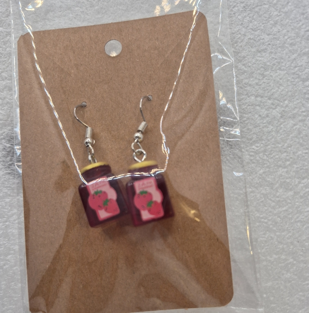 Pink Jam Jar Dangle Earrings - Cute Fruit Bottle Jewelry